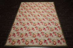9x12 Ivory, Green, Rose Color Hand Woven French Aubusson Needlepoint Wool Modern Oriental Rug