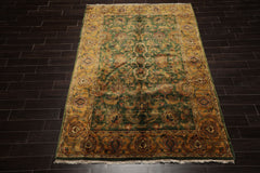 6x9 Green, Gold, Burnt Orange Color Hand Knotted Agra Wool Traditional Botanical Oriental Rug