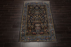 4x7 Navy, Ivory, blue Color Hand Knotted Kashan Wool Traditional Oriental Rug