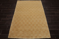 4x6 Beige, Tan, Color Hand Knotted Tibetan Wool & Silk Transitional Oriental Rug