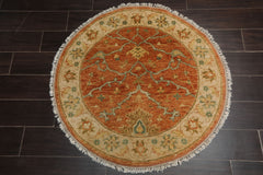 Round Burnt Orange, Beige, Turquoise Color Hand Knotted Agra New Zealand Wool Traditional Oriental Rug