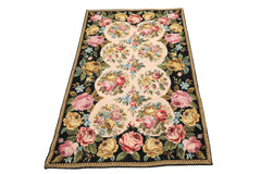 4x6 Blush, Black, Green Color Hand Woven French Needlepoint Wool Traditional Oriental Rug