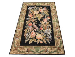 4x6 Black, Sage, Lavender Color Hand Woven French Needlepoint Wool Traditional Oriental Rug