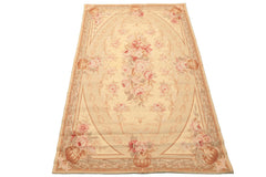 4x6 Beige, Brown, Tan Color Hand Woven French Needlepoint Wool Traditional Oriental Rug