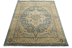 8x10 Blue, Beige, Gold Color Hand Knotted Oushak Wool Traditional Oriental Rug