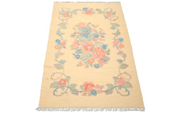 6x9 Ivory, Aqua, Rose Color Hand Woven Dhurry Kilim Wool Transitional Oriental Rug