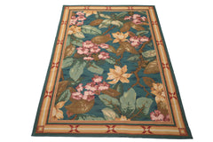 6x9 Teal, Gold, Brown Color Hand Woven French Aubusson Needlepoint Wool Traditional Oriental Rug
