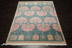 8x10 Turquoise, Rose, Beige Color Hand Knotted Tibetan Wool Transitional Oriental Rug