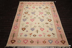 9x12 Ivory, Pink, Lavender Color Hand Woven Kilim Wool Tribal Oriental Rug