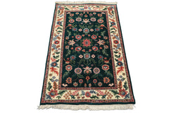 3x5 Emerald, Ivory, Blush Color Hand Knotted Indo Kashan Wool Traditional Oriental Rug