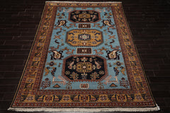 8x10 Blue, Gold, Chocolate Color Hand Knotted Kazak Wool Traditional Oriental Rug