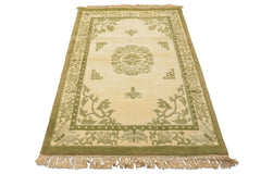 4x6 Ivory, Olive, Green Color Hand Knotted Indo-Tibetan Wool Art Deco Oriental Rug