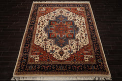 8x10 Ivory, Muted Teracotta, Blue Color Hand Knotted Heriz Wool Traditional Oriental Rug