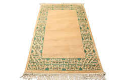 4x6 Tan, Green, Color Hand Knotted Indo Tibetan Wool Transitional Oriental Rug