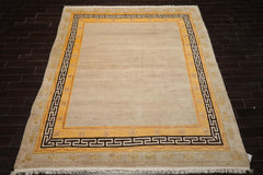 8x11 Oatmeal, Gold, Rose Color Hand Knotted Tibetan Wool Traditional Oriental Rug