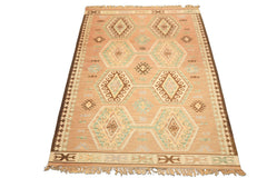 6x9 Tan, Light Peach, Ivory Color Hand Woven Kilim Wool Traditional Oriental Rug