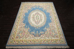 9x12 Blue, Ivory, Gold Color Hand Knotted French Aubusson Savonnerie New Zealand Wool Traditional Oriental Rug