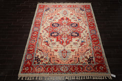 8x10 Ivory, Burnt Orange, Navy Color Hand Knotted Serapi New Zealand Wool Traditional Oriental Rug