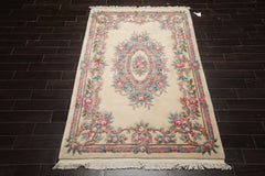 5x8 Ivory, Aqua, Taupe Color Hand Knotted French Aubusson Savonnerie Wool Traditional Oriental Rug