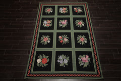 6x9 Black, Green, Rose Color Hand Woven Portugese Needlepoint Wool Traditional Oriental Rug