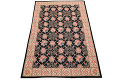 6x9 Black, Ivory, Green Color Hand Woven French Aubusson Needlepoint Wool Traditional Oriental Rug