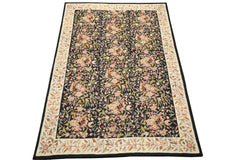 6x9 Black, Ivory, Tan Color Hand Woven Chainstitch Wool Transitional Oriental Rug