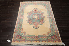 6x9 Ivory, Aqua, Lavender Color Hand Knotted French Aubusson Savonnerie New Zealand Wool Traditional Oriental Rug