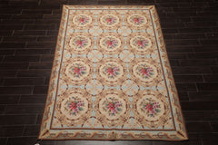 6x8 Aqua, Beige, Tan Color Hand Woven Aubusson Needlepoint Wool Traditional Oriental Rug