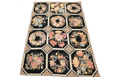 6x9 Black, Ivory, Rose Color Hand Woven French Aubusson Needlepoint Wool Traditional Oriental Rug