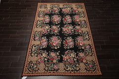 6x9 Black, Brown, Beige Color Hand Woven Aubusson Needlepoint Wool Traditional Oriental Rug