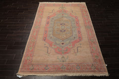 6x10 Faded Peach, Blush, Aqua Color Hand Knotted Tibetan Wool Traditional Oriental Rug