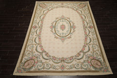 8x11 Ivory, Green, Aqua Color Hand Woven Aubusson Needlepoint Wool Traditional Oriental Rug