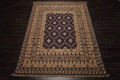 7x9 Navy, Tan, Beige Color Hand Woven Kilim Wool Tribal Oriental Rug