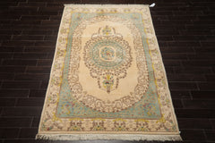 6x9 Ivory, Aqua, Brown Color Hand Knotted French Aubusson Savonnerie Wool Traditional Oriental Rug