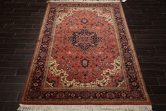6x9 Rose, Navy, Ivory Color Hand Knotted Heriz Wool Traditional Oriental Rug