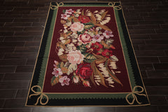 6x9 Plum, Green, Black Color Hand Woven Aubusson Needlepoint Wool Traditional Oriental Rug