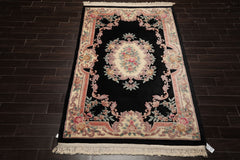 5x8 Black, Ivory, Blush Color Hand Knotted French Aubusson Savonnerie Wool Traditional Oriental Rug