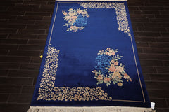 6x9 Royal Blue, Ivory, Blush Color Hand Knotted Chinese Art Deco Wool Traditional Oriental Rug