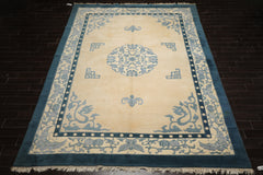 10x14 Ivory, Blue, Color Hand Knotted Medallion Wool Traditional Oriental Rug