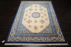 9x13 Ivory, Royal Blue, Rose Color Hand Knotted French Aubusson Savonnerie Wool Traditional Oriental Rug