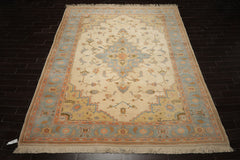 9x14 Ivory, Aqua, Peach Color Hand Knotted Oushak Wool Traditional Oriental Rug