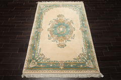 6x9 Ivory, Turquoise, Gold Color Hand Knotted French Aubusson Savonnerie Wool Traditional Oriental Rug