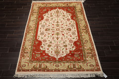 6x9 Ivory, Orange, Pistacchio Color Hand Knotted Kerman New Zealand Wool Traditional Oriental Rug