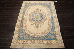 6x9 Ivory, Aqua, Lime Color Hand Knotted French Aubusson Savonnerie Wool Traditional Oriental Rug