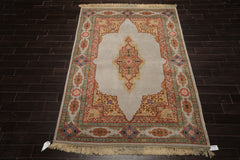 6x9 Gray, Coral, Turquoise Color Hand Knotted Kerman Wool Traditional Oriental Rug