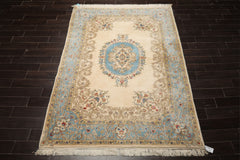 6x9 Ivory, Turquoise, Tan Color Hand Knotted Kerman New Zealand Wool Traditional Oriental Rug