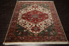 8x10 Ivory, Rust, Green Color Hand Knotted Arts & Crafts New Zealand Wool Arts & Crafts Oriental Rug