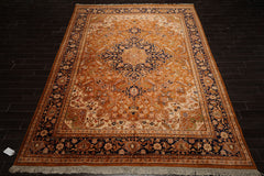 9x13 Caramel, Navy, Ivory Color Hand Knotted Heriz New Zealand Wool Traditional Oriental Rug