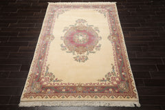 6x9 Ivory, Plum, Teal Color Hand Knotted Kerman New Zealand Wool Traditional Oriental Rug