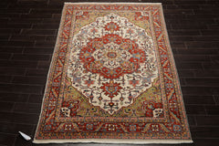 6x9 Ivory, Burnt Orange, Lime Color Hand Knotted Heriz Wool Arts & Crafts Oriental Rug